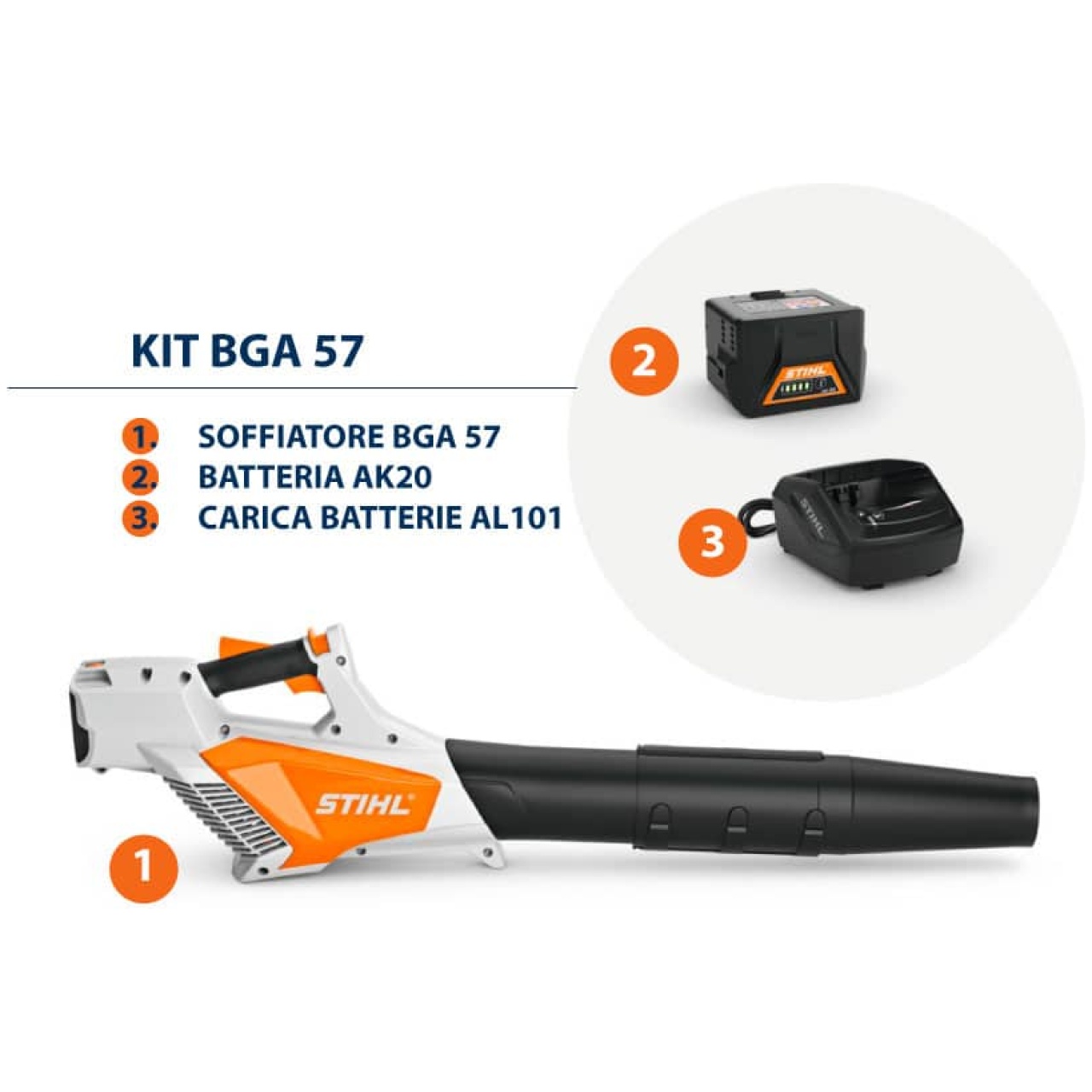 Il KIT soffiatore a batteria BGA 57  composto da batteria AK 20  e caricabatteria AL 101.rn Il soffiatore BGA 57 di STIHL  un dispositivo a...