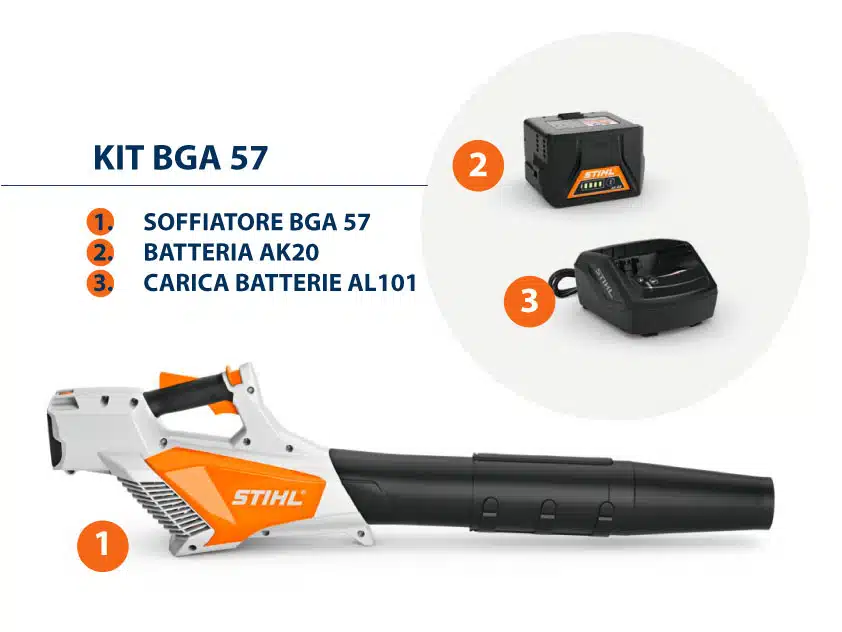 Il KIT soffiatore a batteria BGA 57 è composto da batteria AK 20  e caricabatteria AL 101.rn Il soffiatore BGA 57 di STIHL è un dispositivo a...