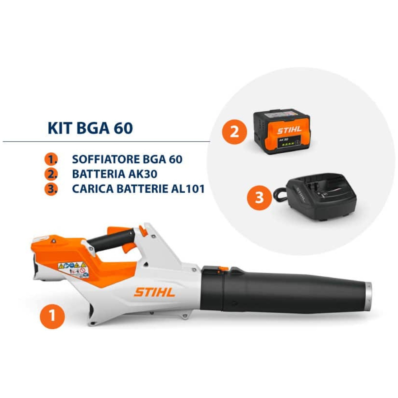 Il KIT soffiatore a batteria BGA 60 Š composto da batteria AK 30  e caricabatteria AL 101.rn Il BGA 60 di STIHL Š un soffiatore a batteria...