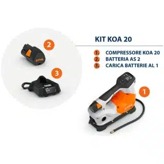 Il KIT compressore a batteria KOA 20 &egrave; composto da batteria AS 2 e caricabatterie AL 1.rn Il Compressore a batteria KOA 20 di STIHL &egrave; un...