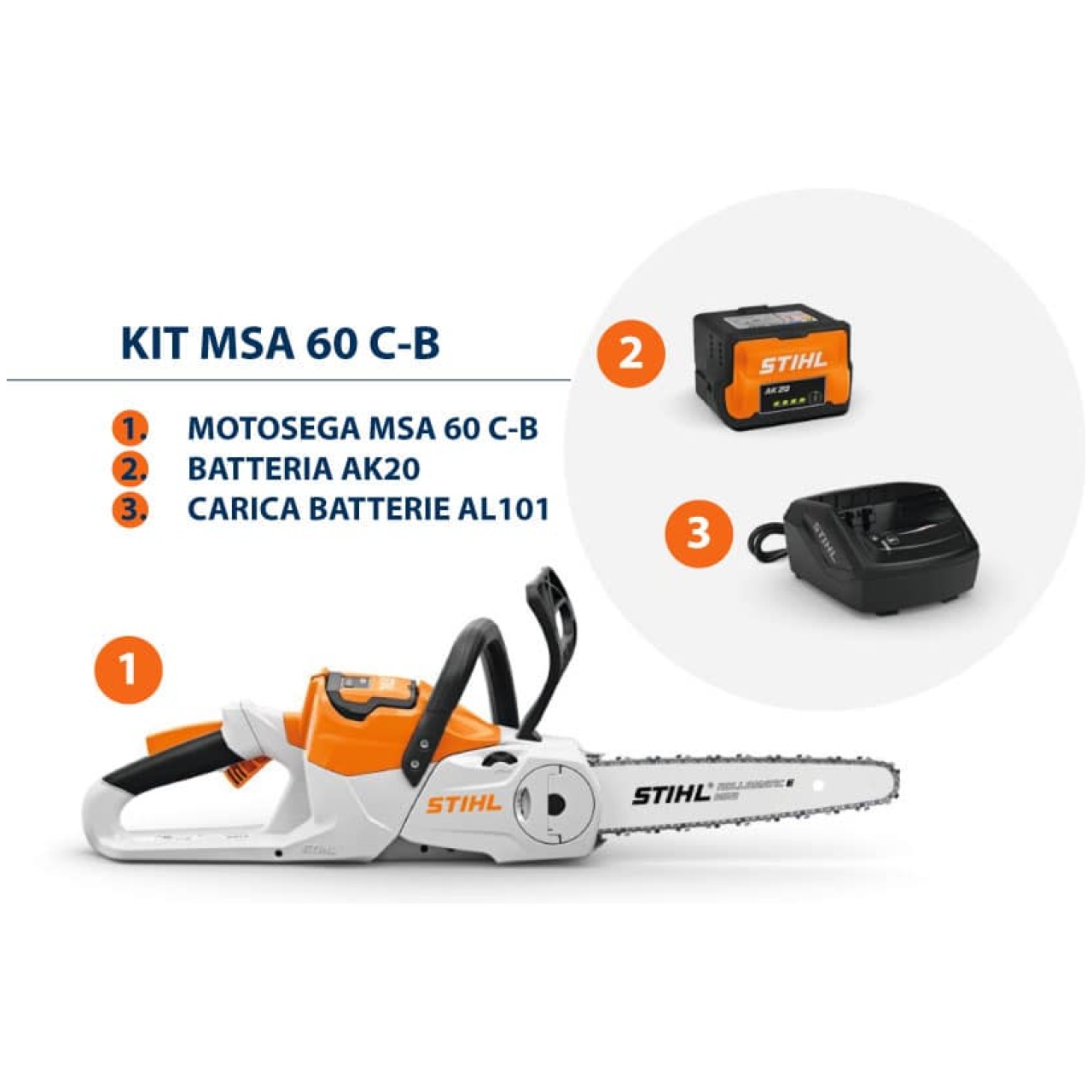 Il KIT motosega a batteria MSA 70 C-B Š composto da batteria AK 20 e caricabatterie AL 101.rn La Motosega a batteria MSA 60 C-B di STIHL...