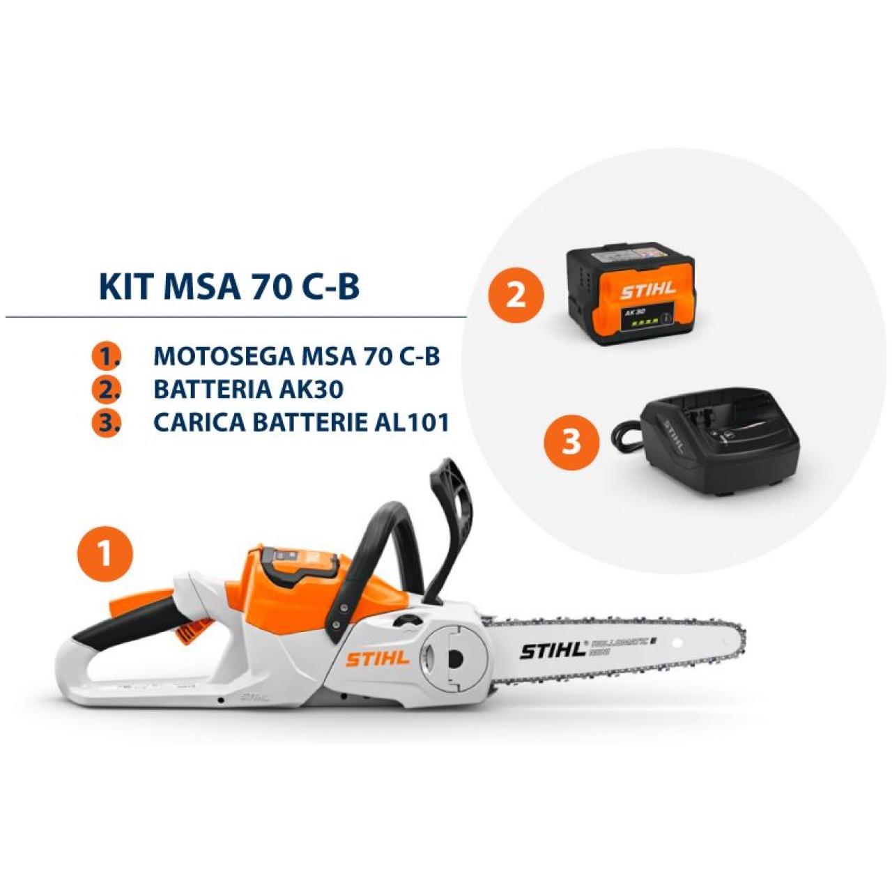Il KIT motosega a batteria MSA 70 C-B Š composto da batteria AK 30 e caricabatterie AL 101.rn La motosega a batteria MSA 70 C-B della marca STIHL...