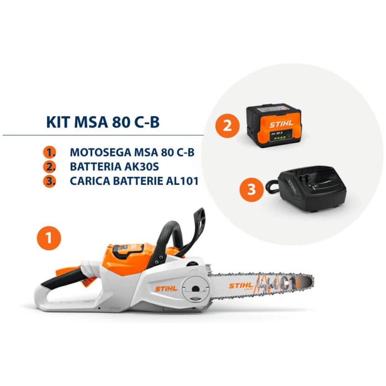 Il KIT motosega a batteria MSA 80 C-B Š composto da batteria AK 30 S e caricabatterie AL 101.rn La motosega a batteria MSA 80 di STIHL Š uno...