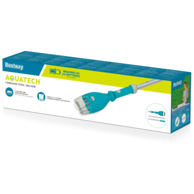 Pulire la piscina o la spa non è mai stato così semplice. Con l'aspiratore a batteria Bestway Aquatech, dire addio a foglie, sabbia e piccoli detriti...