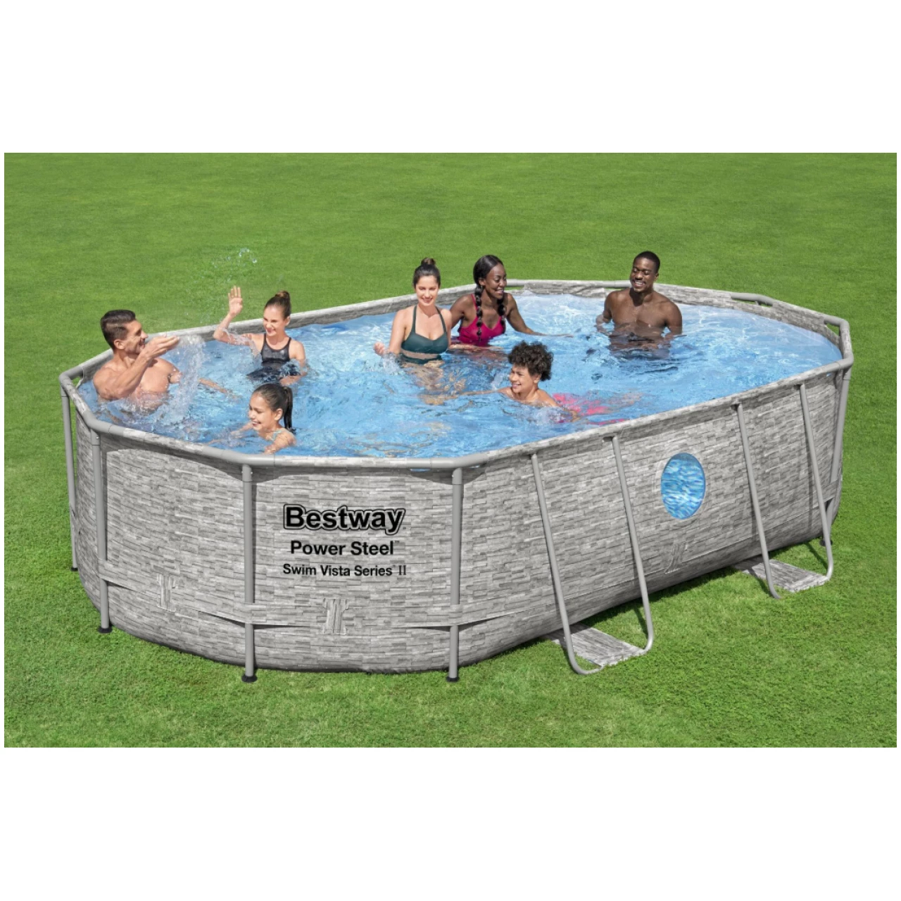 Vivi un'estate all'insegna del divertimento e del relax con la piscina Bestway Power Steel Swim Vista SeriesT SplashView, il modello ovale con oblò...