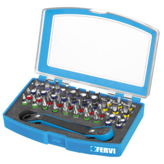 Set completo di 41 pezzi per avvitatura: 40 inserti in acciaio S2 nichelati e cricchetto reversibile a 72 denti, in comoda confezione con...