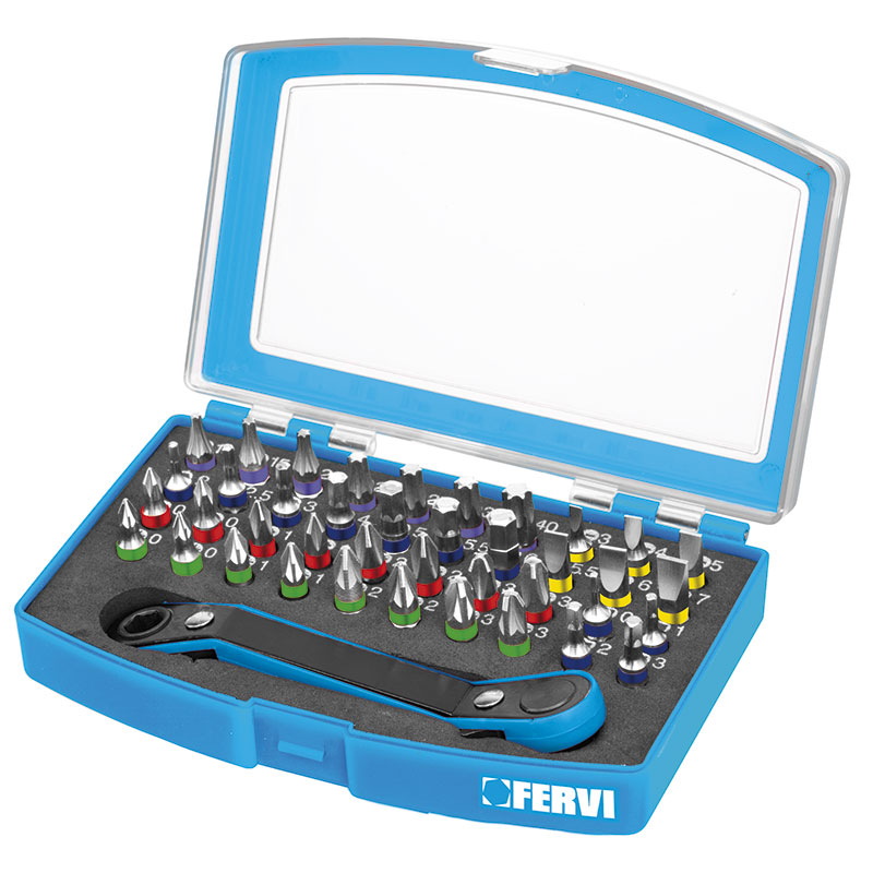 FERVI SET INSERTI ESAGONALI PZ 41 1/4" Set completo di 41 pezzi per avvitatura: 40 inserti in acciaio S2 nichelati e cricchetto reversibile a 72 denti, in comoda confezione con...