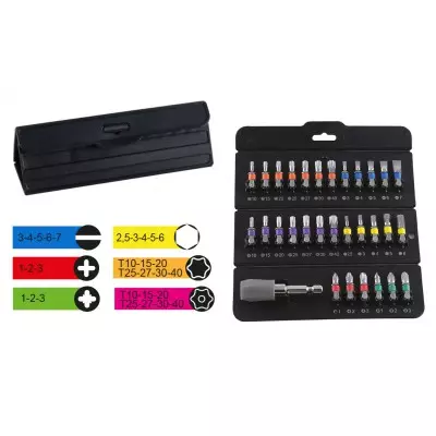 INSERTI SET 31 + PORTAINSERTI Set di 31 inserti in acciaio S2, lunghezza 25 mm con attacco 1/4". Fodero triangolare ripiegabile con supporto magnetico a scatto per tenere gli...