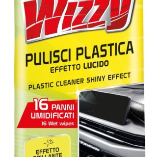Salviette umidificate Wizzy per pulizia e rinnovo delle plastiche interne auto. Effetto satinato, confezione flowpack richiudibile con panni...