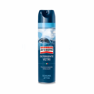 Detergente vetri in schiuma attiva per auto in flacone spray da 400 ml. Pulisce e sgrassa vetri interni ed esterni lasciando senza aloni.rn Arexons...