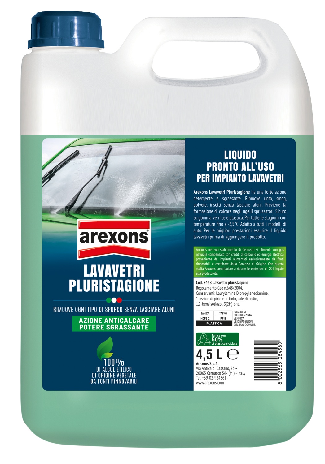 AREXONS LAVAVETRI P. USO PLURISTAGIONE 4,5LT Liquido lavavetri pronto all'uso in tanica da 4,5 L, pulisce e sgrassa parabrezza e vetri rimuovendo unto, smog, polvere e insetti senza lasciare...