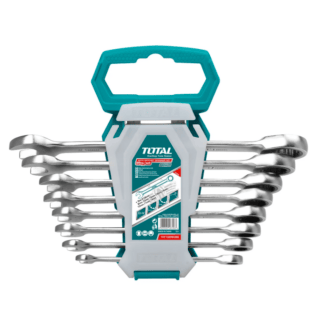 Set da 8 chiavi combinate con meccanismo cricchetto sul lato ad anello, in astuccio per trasporto e ordine. Copre le misure più comuni per lavori...