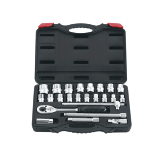 Set professionale da 24 pezzi con attacco 1/2", cricchetto reversibile, prolunghe, snodo e bussola per candela in valigetta. Finitura cromata per...