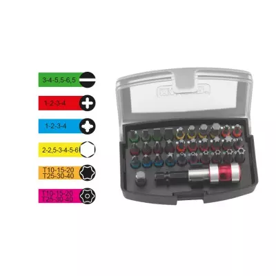 MAURER SET 32 INSERTI 1/4" X 25mm.+PORTAINS Kit da 32 inserti in acciaio S2 con portainserti magnetico a scatto e valigetta in PVC. Assortimento colore per riconoscere rapidamente impronte e...