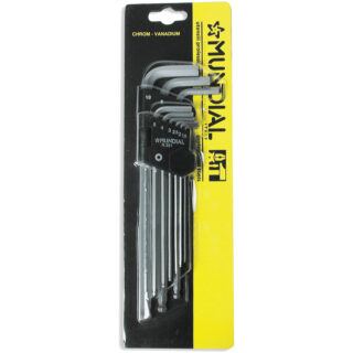 Set professionale di 9 chiavi maschio metriche lunghe con punta sferica, in acciaio cromo-vanadio, su supporto/clip in plastica. Ideale per...