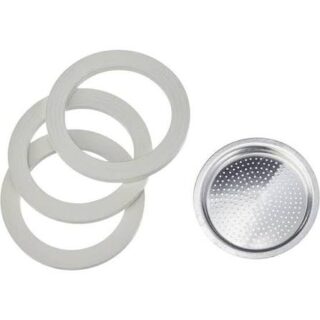Set ricambi per moka Riflex: filtro in acciaio inox per 2 tazze e tre guarnizioni in silicone (resistenti fino a 260 °C). Lavabile in...