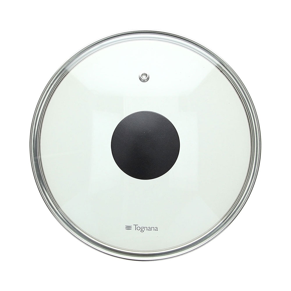 TOGNANA PORCELLANE S.P.A COPERCHIO TRASP.BORDO ACCIAIO 20 Coperchio universale in vetro temperato diametro esterno 20 cm, con bordo in acciaio inox 18/10, sfiato per il vapore e pomolo in bakelite. Ideale...
