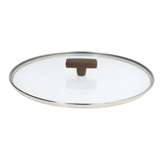 Coperchio in vetro bombato da 28 cm con foro di sfiato e bordo in acciaio sottile. Pomolo in bakelite nero; trasparente per controllare la cottura...
