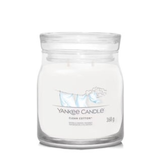 Candela profumata Yankee Candle della linea Signature: barattolo medio da 368 g con due stoppini e miscela di cera vegetale. Fragranza Clean Cotton,...