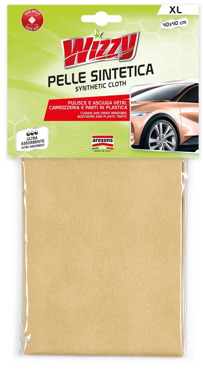 AREXONS SPA PELLE SINTETICA IN CONTENITORE Panno in pelle sintetica Arexons Wizzy 25 x 47 cm, ad alto potere assorbente per pulire e asciugare carrozzeria, vetri e parti in plastica....