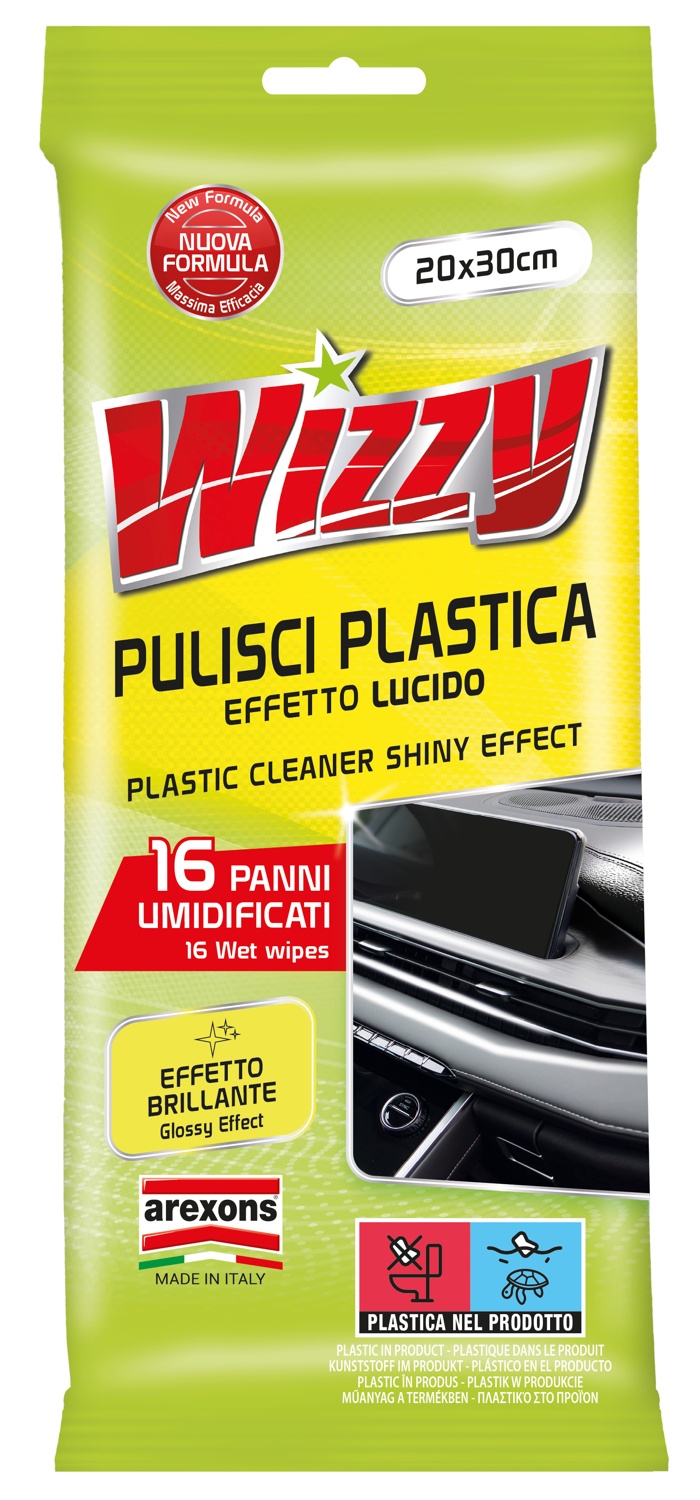 AREXONS SPA WIZZY PULISCI PLASTICA LUCIDO Salviette imbevute specifiche per pulire e lucidare le superfici in plastica dell'auto; confezione flowpack da 15 panni, profumazione...