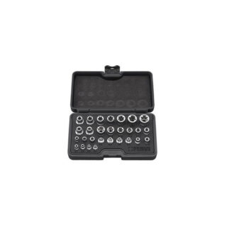 Serie completa di 28 bussole profilo Torx per innesti 1/4", 3/8" e 1/2", con finitura cromata. Ideale per interventi meccanici, automotive e...