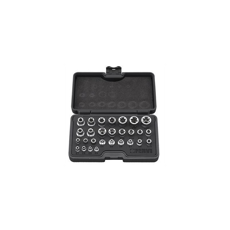 FERVI SERIE BUSSOLE TORX 28 PCS Serie completa di 28 bussole profilo Torx per innesti 1/4", 3/8" e 1/2", con finitura cromata. Ideale per interventi meccanici, automotive e...