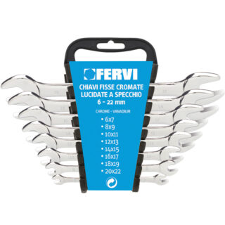 Set di 8 chiavi fisse doppie in acciaio Cromo-Vanadio, finitura cromata lucidata a specchio, fornito su supporto appendibile. Copre le misure dal 6x7...