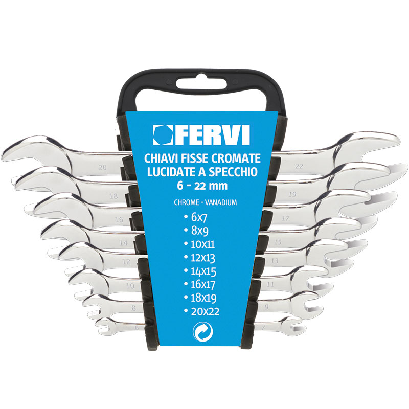 FERVI SET CHIAVI FISSE CROMATE 8 PEZZI Set di 8 chiavi fisse doppie in acciaio Cromo-Vanadio, finitura cromata lucidata a specchio, fornito su supporto appendibile. Copre le misure dal 6x7...