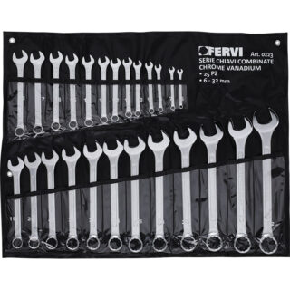 Set professionale da 25 chiavi combinate in acciaio Cromo-Vanadio, misure metriche da 6 a 32 mm. Finitura cromata/satinata, completo per officina e...