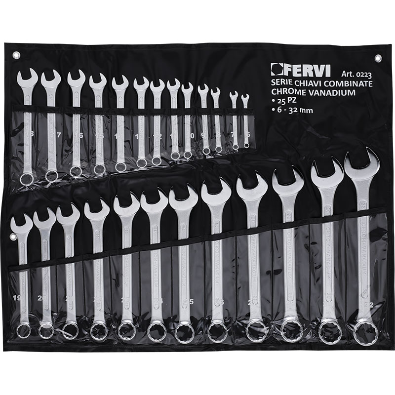 FERVI SERIE CHIAVI COMBINATE 25 PEZZI Set professionale da 25 chiavi combinate in acciaio Cromo-Vanadio, misure metriche da 6 a 32 mm. Finitura cromata/satinata, completo per officina e...