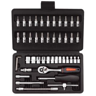 Set da 46 pezzi con attacco 1/4" in valigetta: bussole metriche, inserti Torx/esagonali/Phillips/Pozidriv, cricchetto reversibile e accessori per...