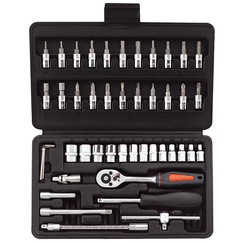 FERVI SERIE CHIAVI BUSSOLA DA 1/4" PZ 46 Set da 46 pezzi con attacco 1/4" in valigetta: bussole metriche, inserti Torx/esagonali/Phillips/Pozidriv, cricchetto reversibile e accessori per...