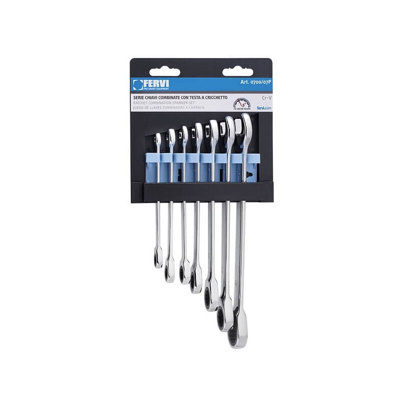 FERVI SERIE CHIAVI A CRICCHETTO 7PZ Set professionale di 7 chiavi combinate in acciaio Cr-V con testa a cricchetto a 72 denti. Misure 8-19 mm, finitura cromata, confezione appendibile...