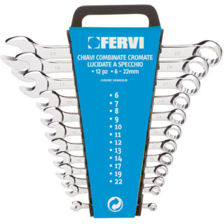 Set professionale di 12 chiavi combinate in Cr-V con finitura cromata lucidata a specchio, completo di supporto espositivo appendibile. Misure da 6 a...