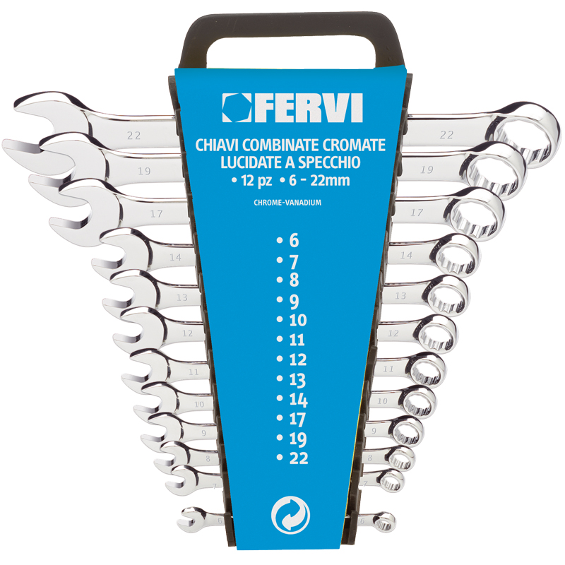 FERVI SET CHIAVI COMBINATE 6/22 Set professionale di 12 chiavi combinate in Cr-V con finitura cromata lucidata a specchio, completo di supporto espositivo appendibile. Misure da 6 a...