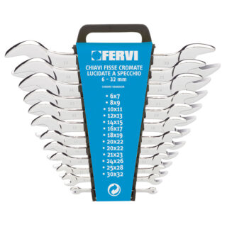 Assortimento professionale di 12 chiavi fisse cromate, lucidate a specchio, su supporto appendibile. Copre le misure più usate per serraggio e...