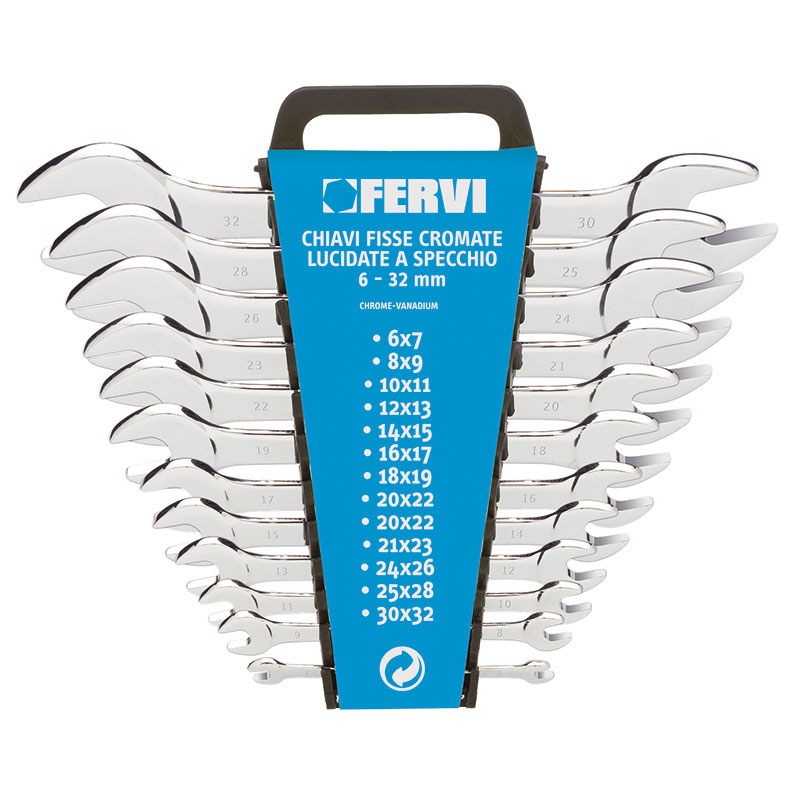 FERVI SERIE CHIAVI FISSE CROMATE 6-32 Assortimento professionale di 12 chiavi fisse cromate, lucidate a specchio, su supporto appendibile. Copre le misure più usate per serraggio e...