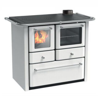 Cucina a legna con focolare in ghisa, piastra in ghisa smaltata e forno a vista in acciaio inox; ideale per cucinare e riscaldare ambienti domestici...