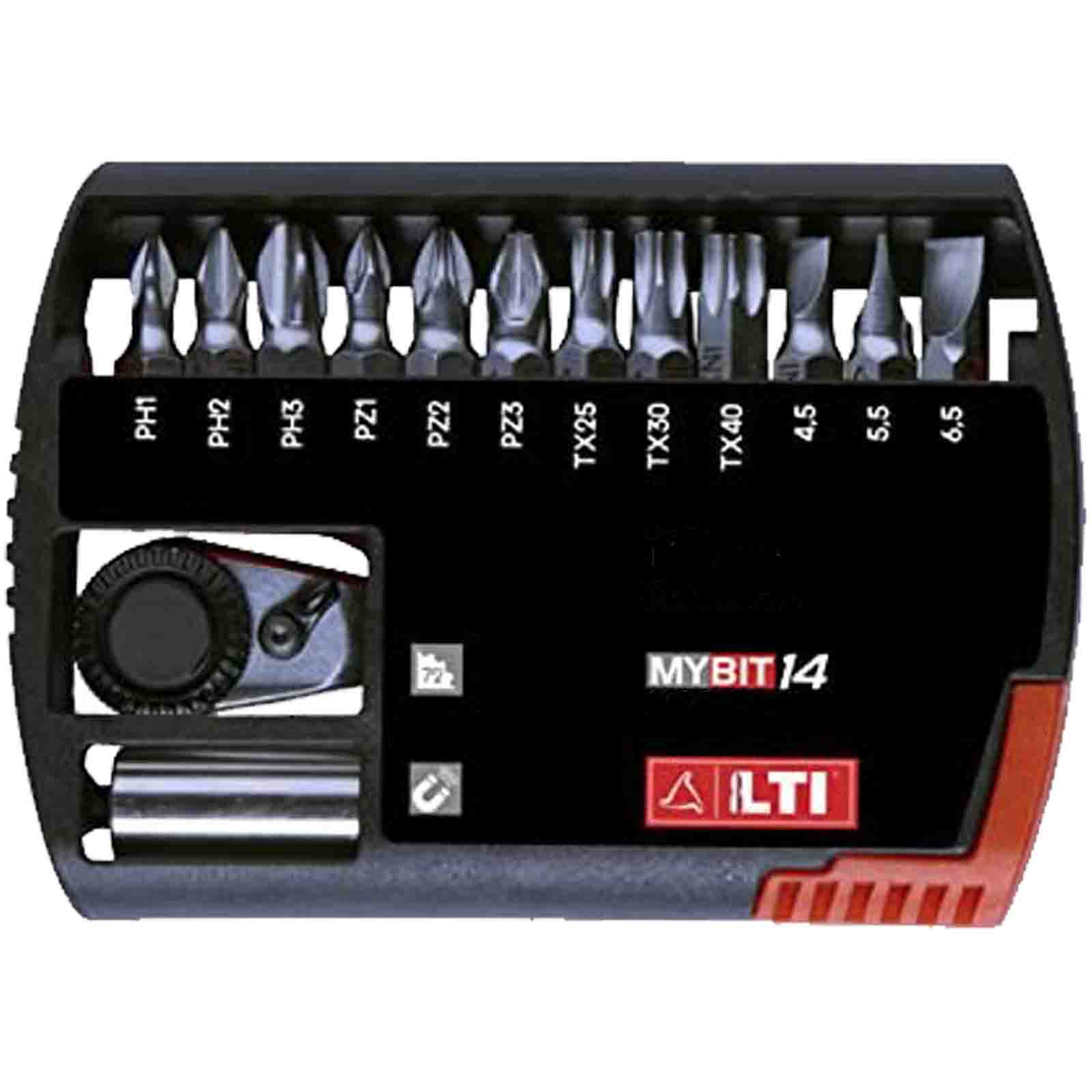 KRINO SET 14 INSERTI MYBIT ESSENTIAL/CRIC. Set compatto da 14 pezzi per avvitatura: inserti PH, PZ, Torx e a taglio, porta-inserti magnetico e cricchetto reversibile a 72 denti in astuccio...
