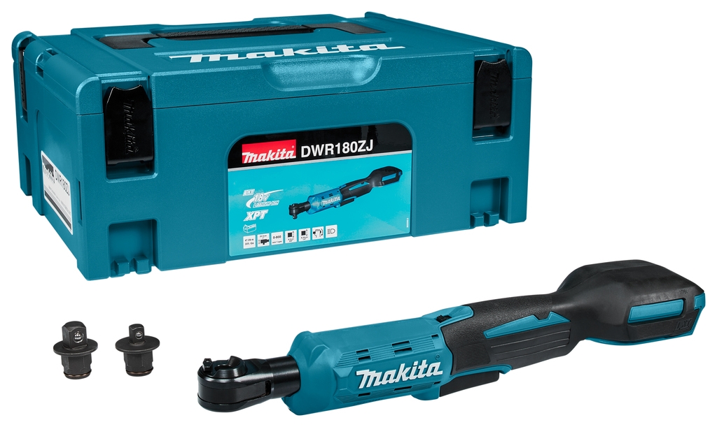 MAKITA CHIAVE A CRICCHETTO DWR180ZJ 18V Chiave a cricchetto compatta 18 V (piattaforma LXT) con coppia max 47,5 Nm, attacchi 3/8" e 1/4" e LED integrato. Corpo macchina fornito in valigetta...