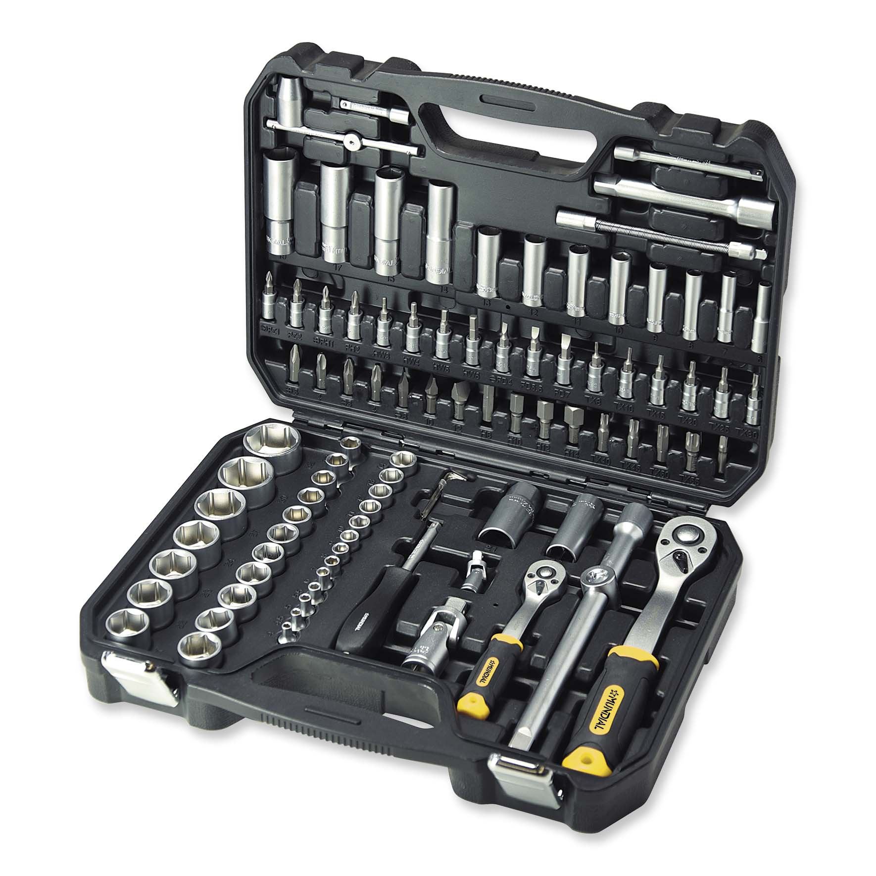MUNDIAL CASSETTA 94 BUSSOLE 1/4-1/2-PL Kit completo da 94 pezzi con attacchi 1/4" e 1/2" in valigetta plastica: cricchetti, bussole (4-32 mm), prolunghe, inserti e adattatori per officina...