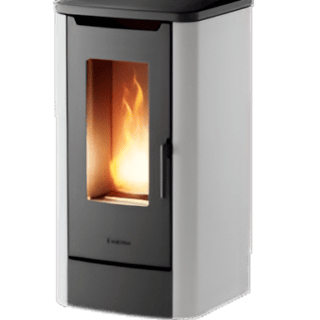 Stufa a pellet ventilata e canalizzabile da 3,1-6,6 kW con rivestimento bianco, top/porta/braciere in ghisa, Wi-Fi integrato e gestione remota...