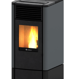 Stufa a pellet ventilata Ravelli S 90 con rivestimento in acciaio colore Grigio: controllo elettronico, Wi-Fi di serie e rendimento fino al 92,2% in...
