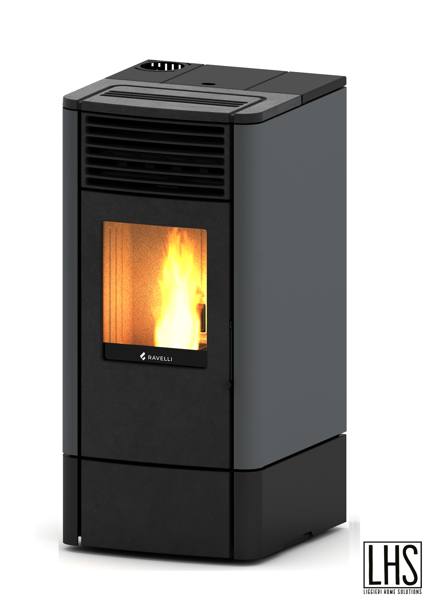 AICO SPA STUFA PELLET S 90 COL.GRIGIO Stufa a pellet ventilata Ravelli S 90 con rivestimento in acciaio colore Grigio: controllo elettronico, Wi-Fi di serie e rendimento fino al 92,2% in...