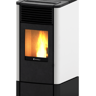 Stufa a pellet ventilata Ravelli S 90 con rivestimento in acciaio colore Bianco: controllo elettronico, Wi-Fi di serie e rendimento fino al 92,2% in...