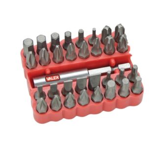 Set da 33 inserti VALEX S33A per avvitatori e trapani con attacco esagonale 1/4"; include portainserti magnetico e custodia compatta. Copre impronte...