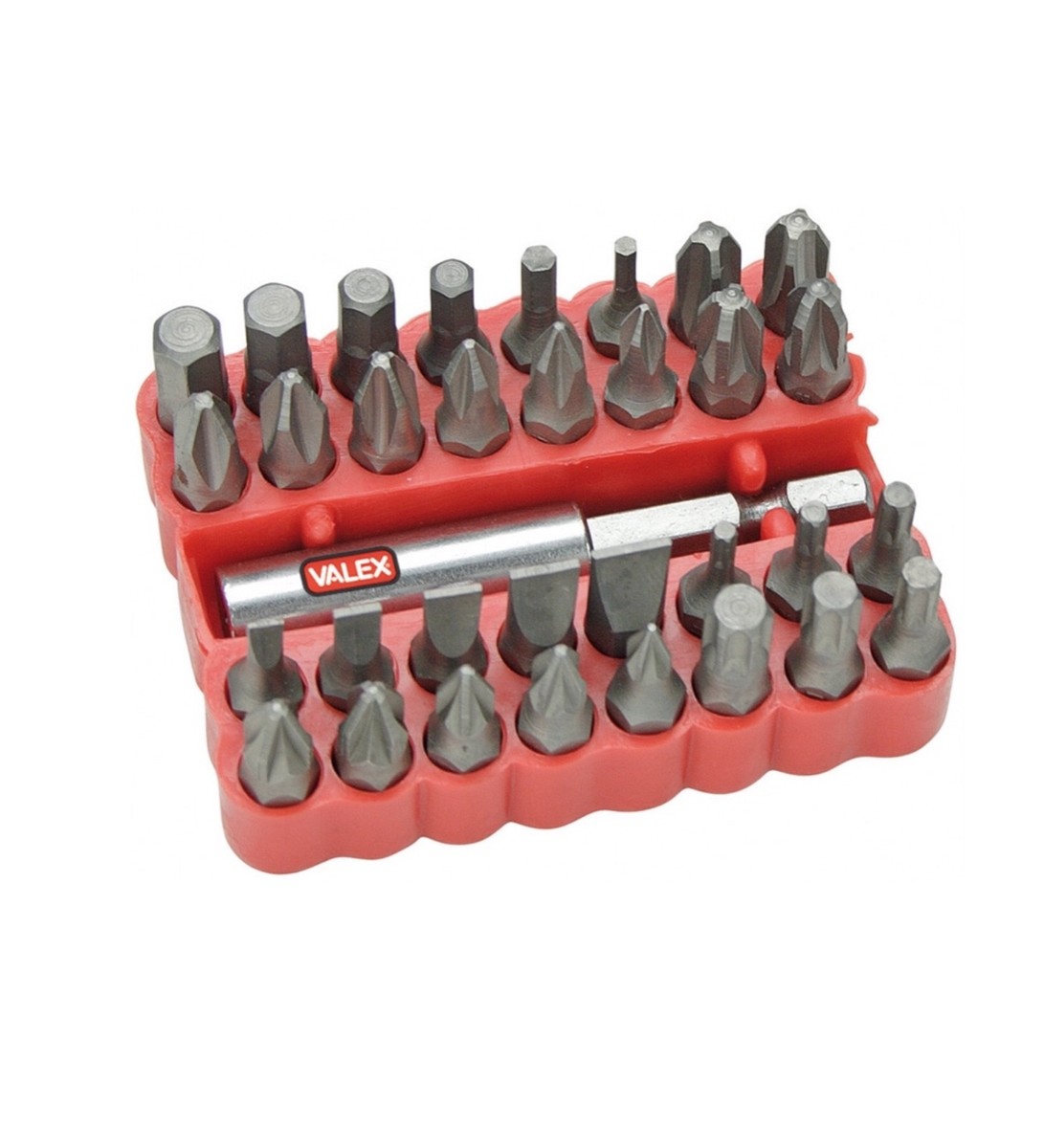 VALEX INSERTI SERIE 33 PEZZI S33A Set da 33 inserti VALEX S33A per avvitatori e trapani con attacco esagonale 1/4"; include portainserti magnetico e custodia compatta. Copre impronte...