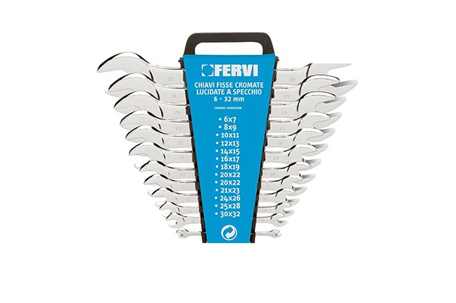 FERVI SET CHIAVI COMBINATE CROMATE 6/32 Serie completa da 25 chiavi combinate in misure da 6 a 32 mm con finitura cromata lucidata a specchio. Confezionate in scatola, pratiche per officina...