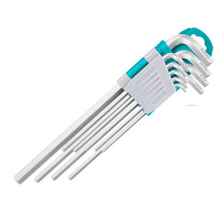 Set da 9 chiavi a brugola forma L con bracci extra lunghi in acciaio Cr-V, trattamento termico e finitura cromata. Fornito con porta-chiavi/blister...